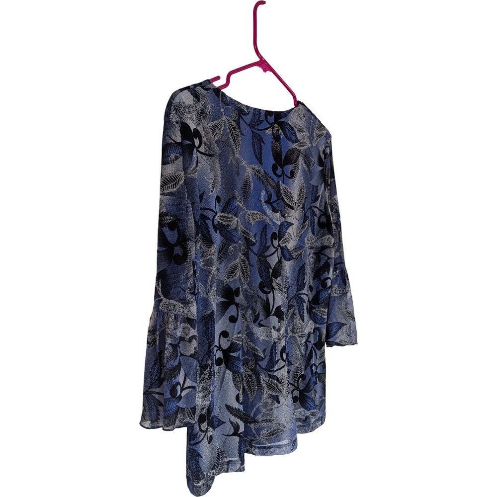 Worthington Blouse Women XL Blue Floral V-Neck 3/4 Bell Sleeve Mesh Lined Top - Picture 6 of 10